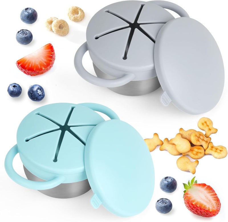 Daximo 2 Pack Snack Cups for Toddlers Spill Proof - Detachable Stainless Steel Toddler Snack Cups with Silicone Lids & Handles - Dishwasher Safe Baby Snack Containers (Light blue and Light grey) - Image 1